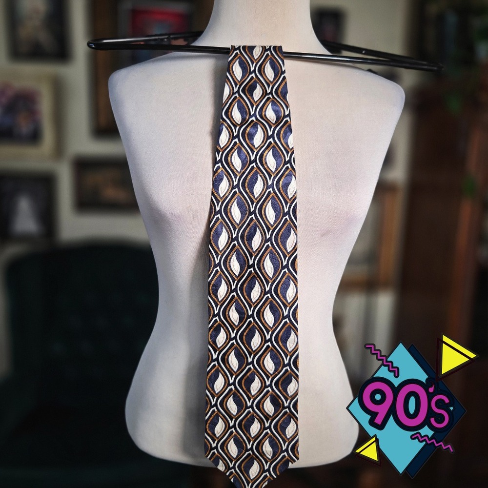 Structure Mens Silk Vintage 90s Tie Geometric Navy Gold Abstract Retro Necktie